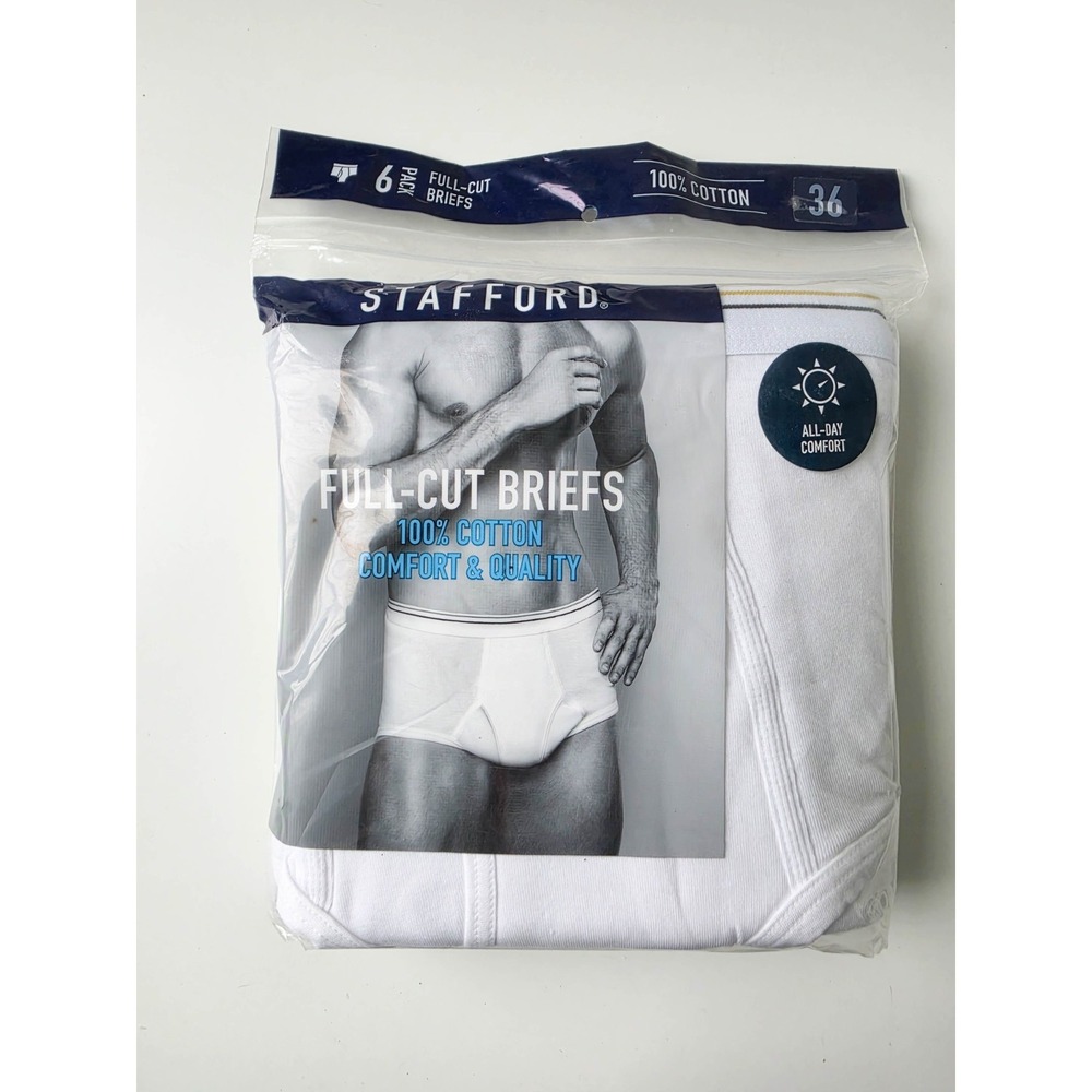 Stafford Men's 6 Pack Full-Cut Briefs White 100% Ringspun Cotton Size 36 NOS